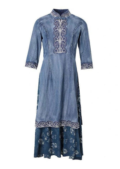 Blue Stand Collar Side Open Embroideried Patchwork Denim Dress Three Quarter Sleeve