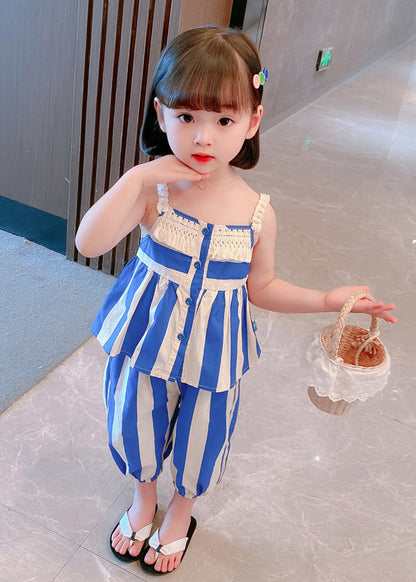 Blue Striped Button Cotton Slip and Crop Pants Kids Two Pieces Set Sleeveless