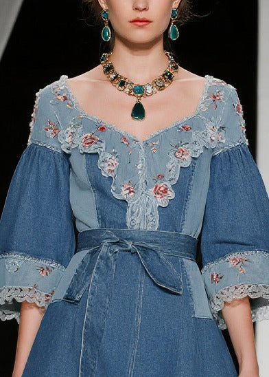Blue Tie Waist Patchwork Lace Denim Day Dress Summer