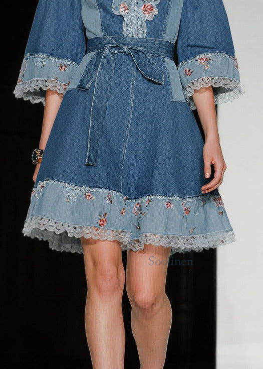 Blue Tie Waist Patchwork Lace Denim Day Dress Summer