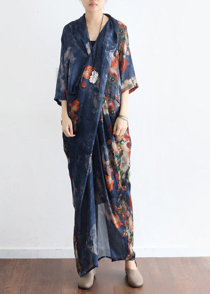 Blue V Neck Asymmetrical Print Chiffon Dress Two Pieces Set Half Sleeve