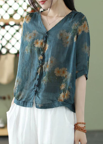 Blue V Neck Button Print Cotton Shirt Summer
