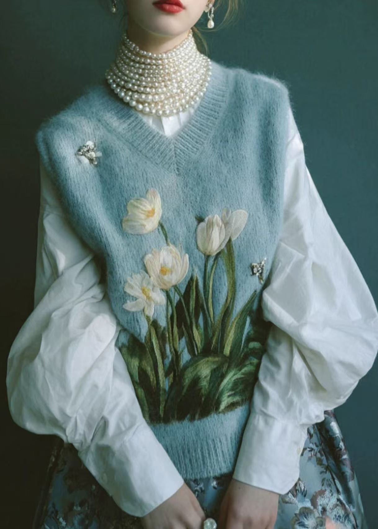 Blue V Neck Embroidered Knit Vest Sleeveless