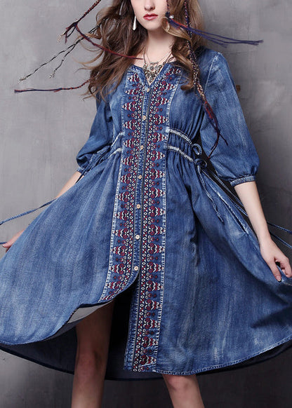Blue V Neck Embroideried Cotton Vacation Denim Dresses Half Sleeve