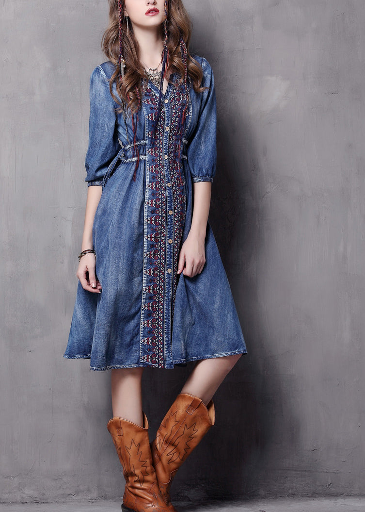 Blue V Neck Embroideried Cotton Vacation Denim Dresses Half Sleeve