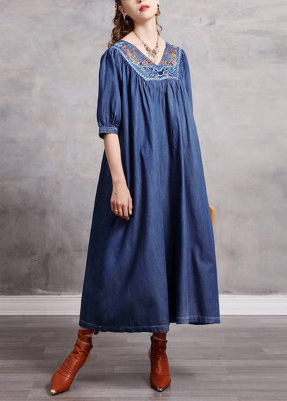 Blue V Neck Embroideried Exra Large Hem Cotton Vacation Dresses Half Sleeve
