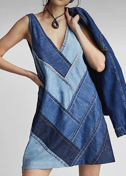 Blue V Neck Patchwork Denim Dress Sleeveless