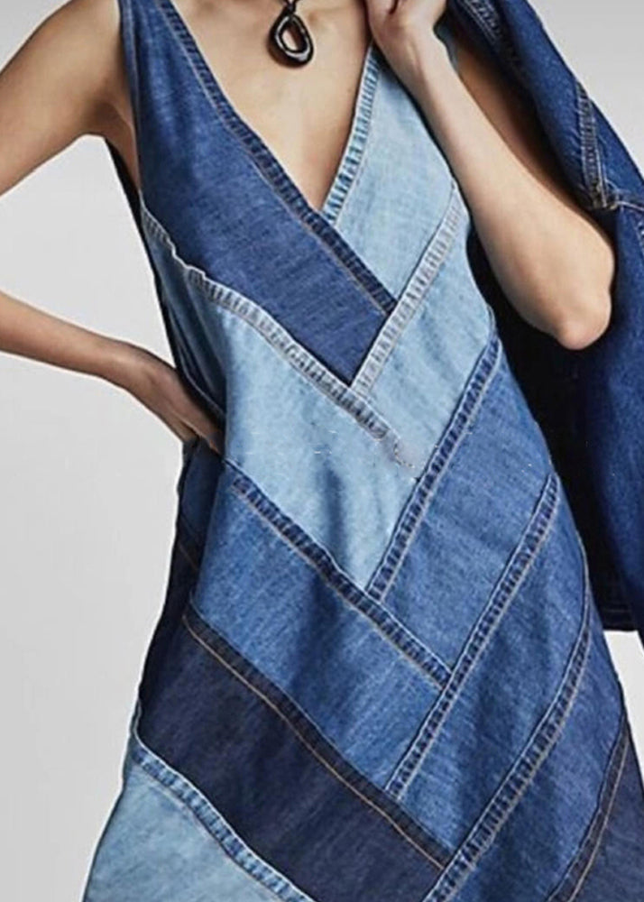 Blue V Neck Patchwork Denim Dress Sleeveless