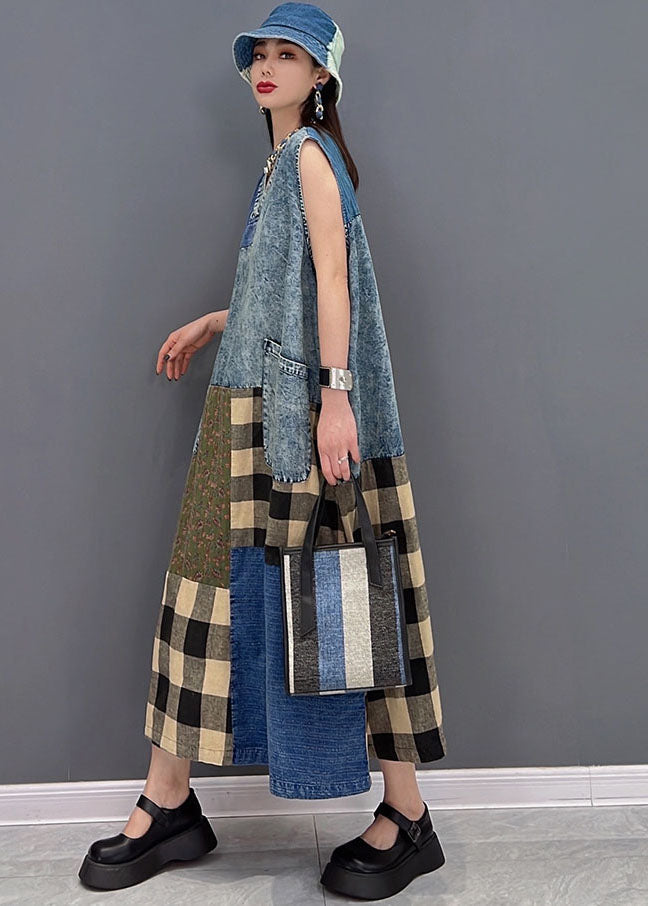 Blue V Neck Pockets Patchwork Plaid Cotton Denim Long Dresses Sleeveless