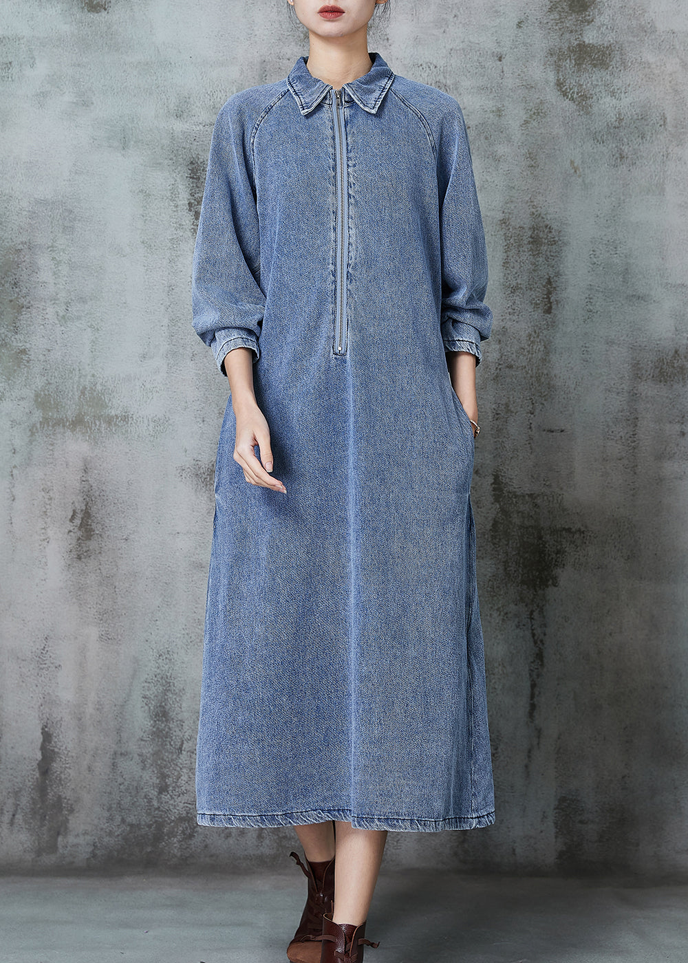Blue Zip Up Denim Maxi Dresses Spring
