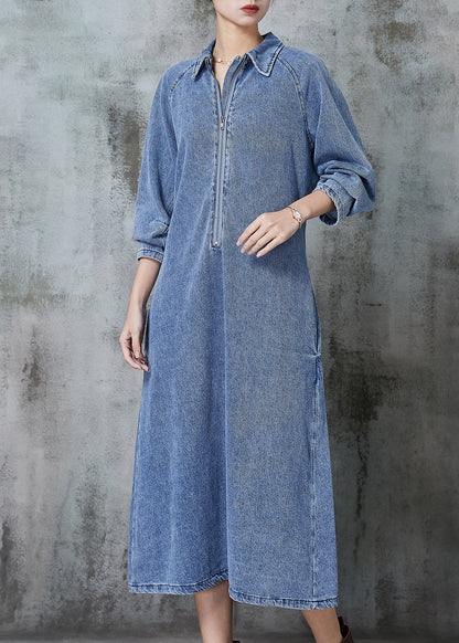 Blue Zip Up Denim Maxi Dresses Spring