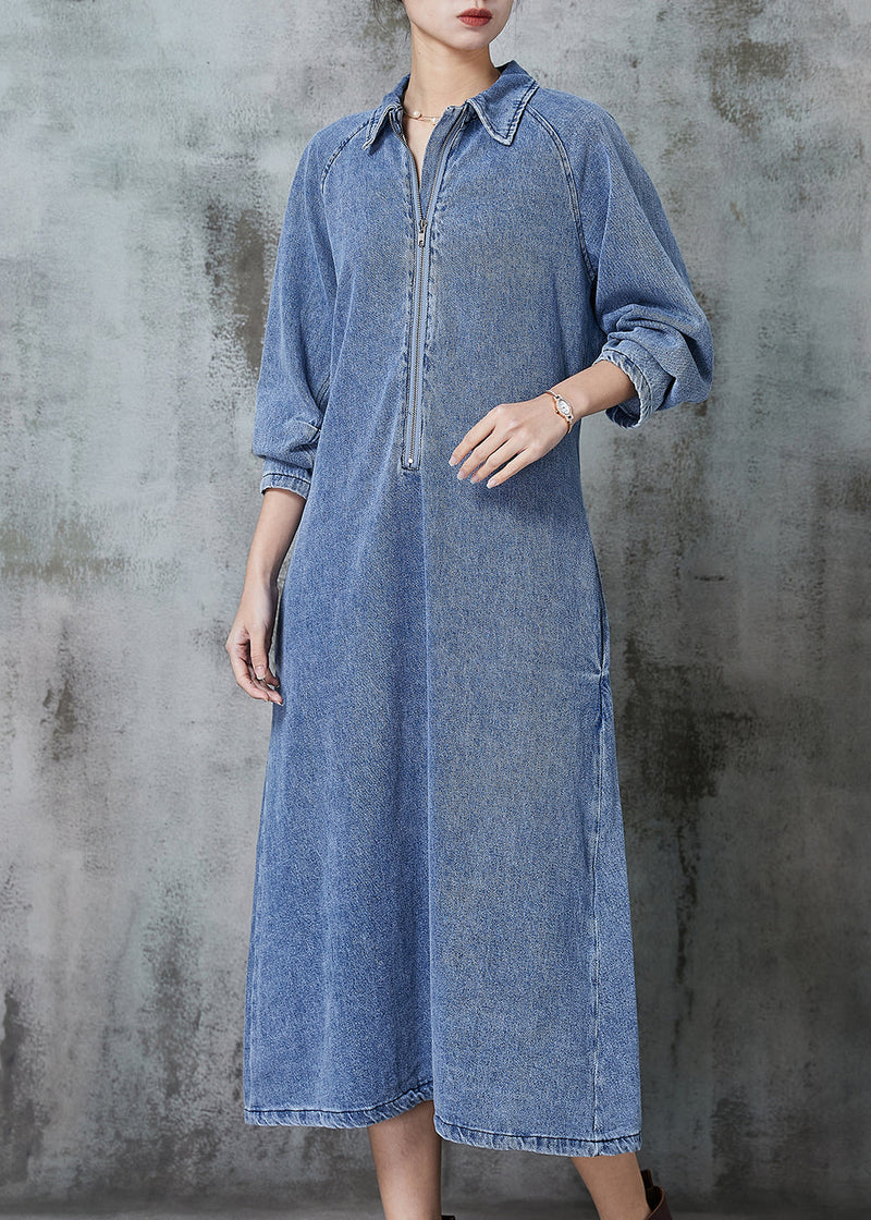 Blue Zip Up Denim Maxi Dresses Spring