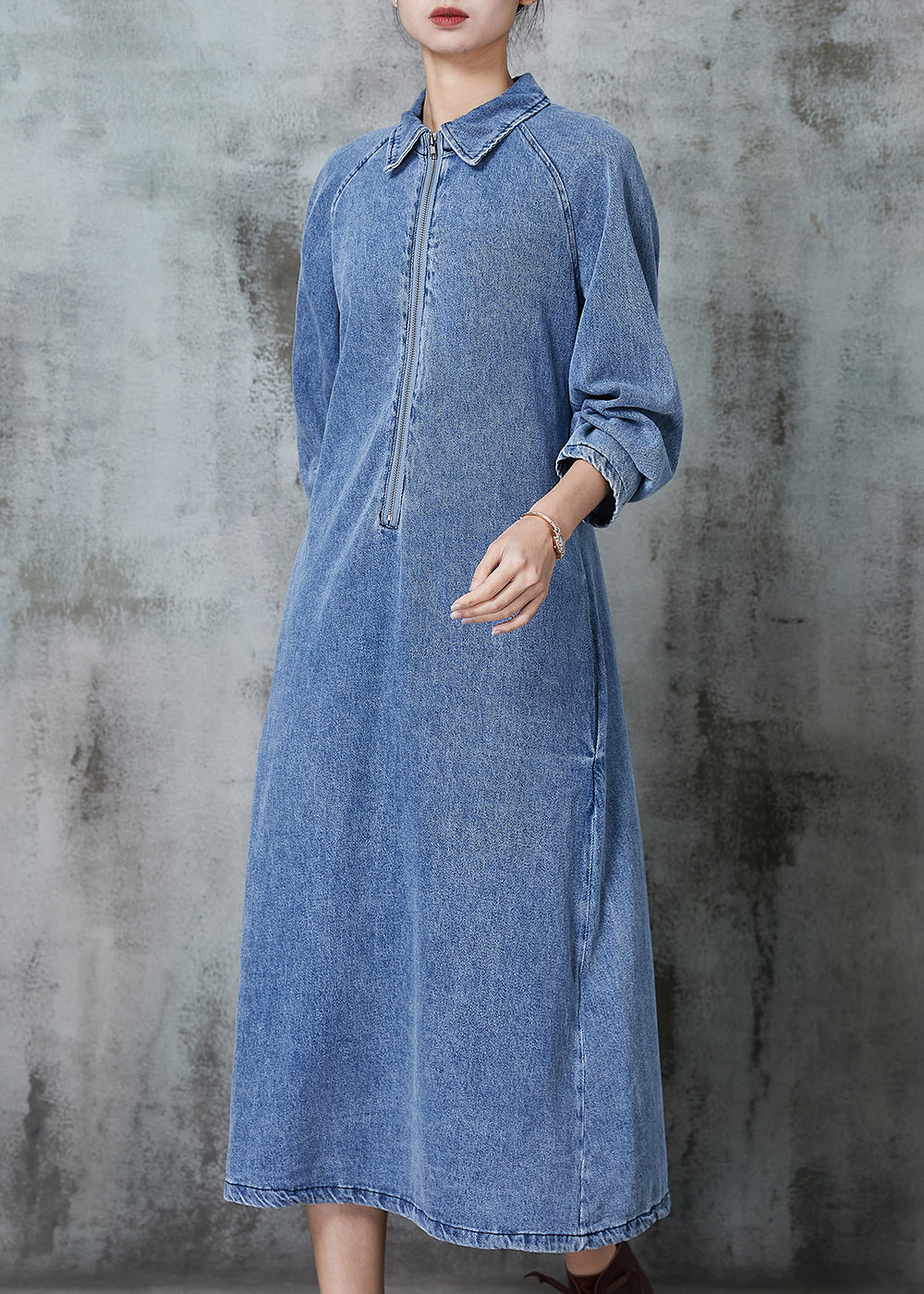 Blue Zip Up Denim Maxi Dresses Spring