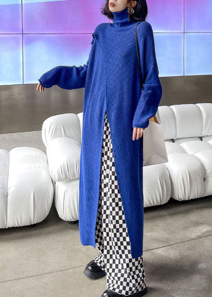 Blue Asymmetrical Design Turtle Neck Knit Holiday Dress Spring