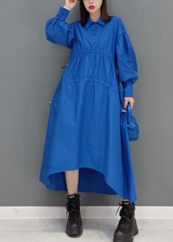 Blue Low High Design Peter Pan Collar Wrinkled Long Dress Spring