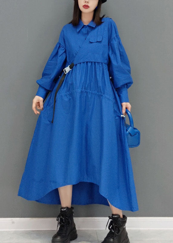 Blue Low High Design Peter Pan Collar Wrinkled Long Dress Spring