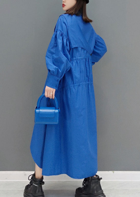 Blue Low High Design Peter Pan Collar Wrinkled Long Dress Spring