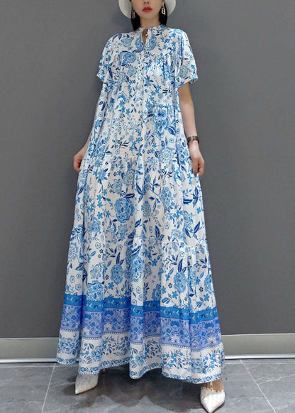 Blue Wrinkled Chiffon Long Dress Short Sleeve