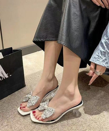 Bow Zircon Splicing Chunky Heel Black Slide Sandals