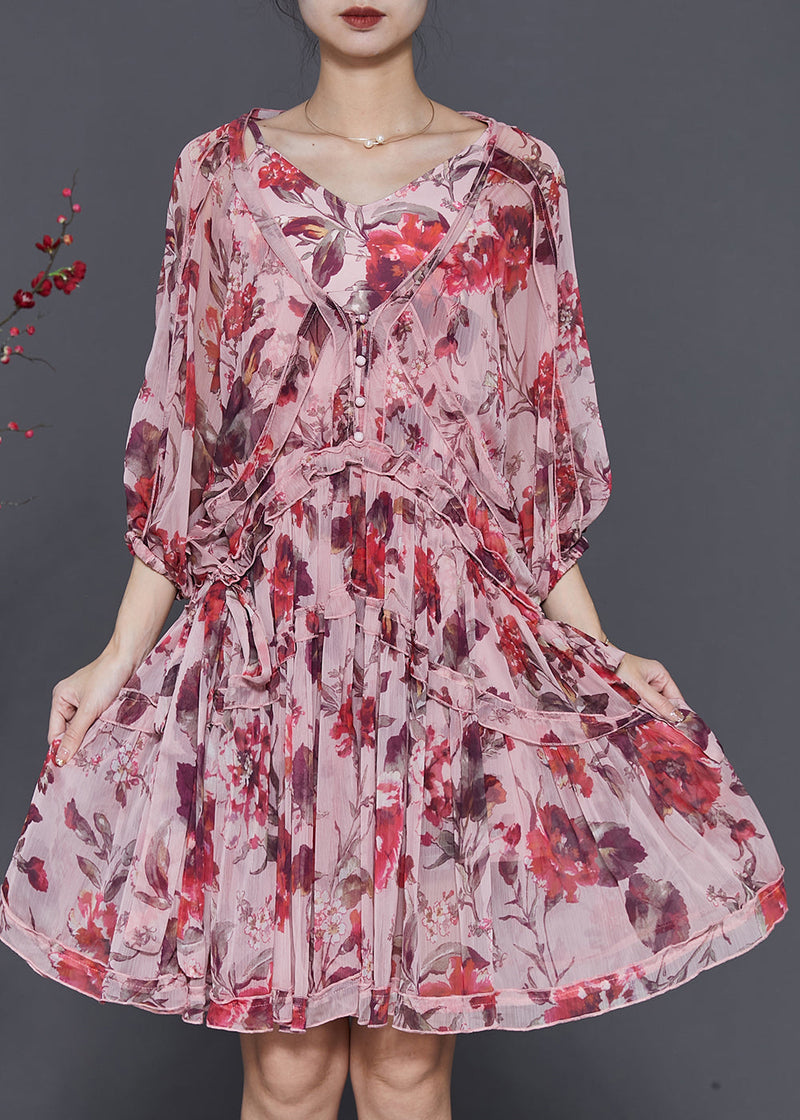 Brick Red Print Chiffon Vacation Dress Lantern Sleeve