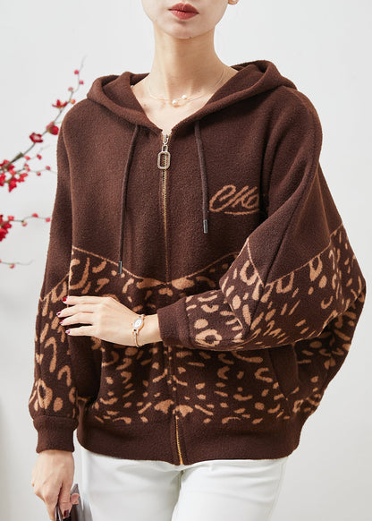 Brown Hooded Print Woolen Coat Spring