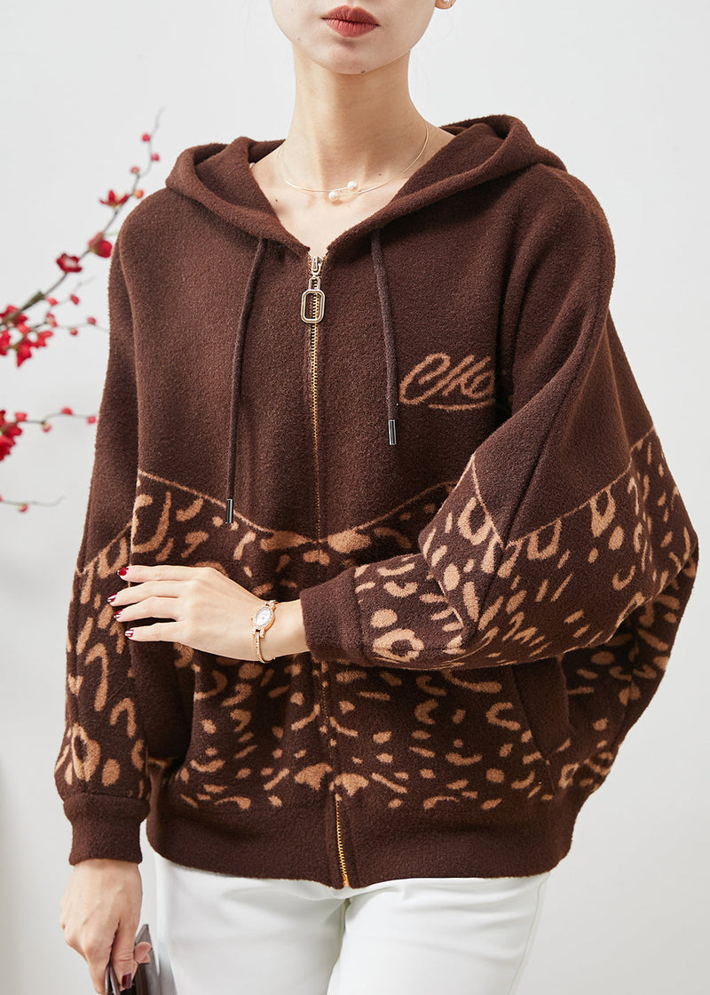 Brown Hooded Print Woolen Coat Spring