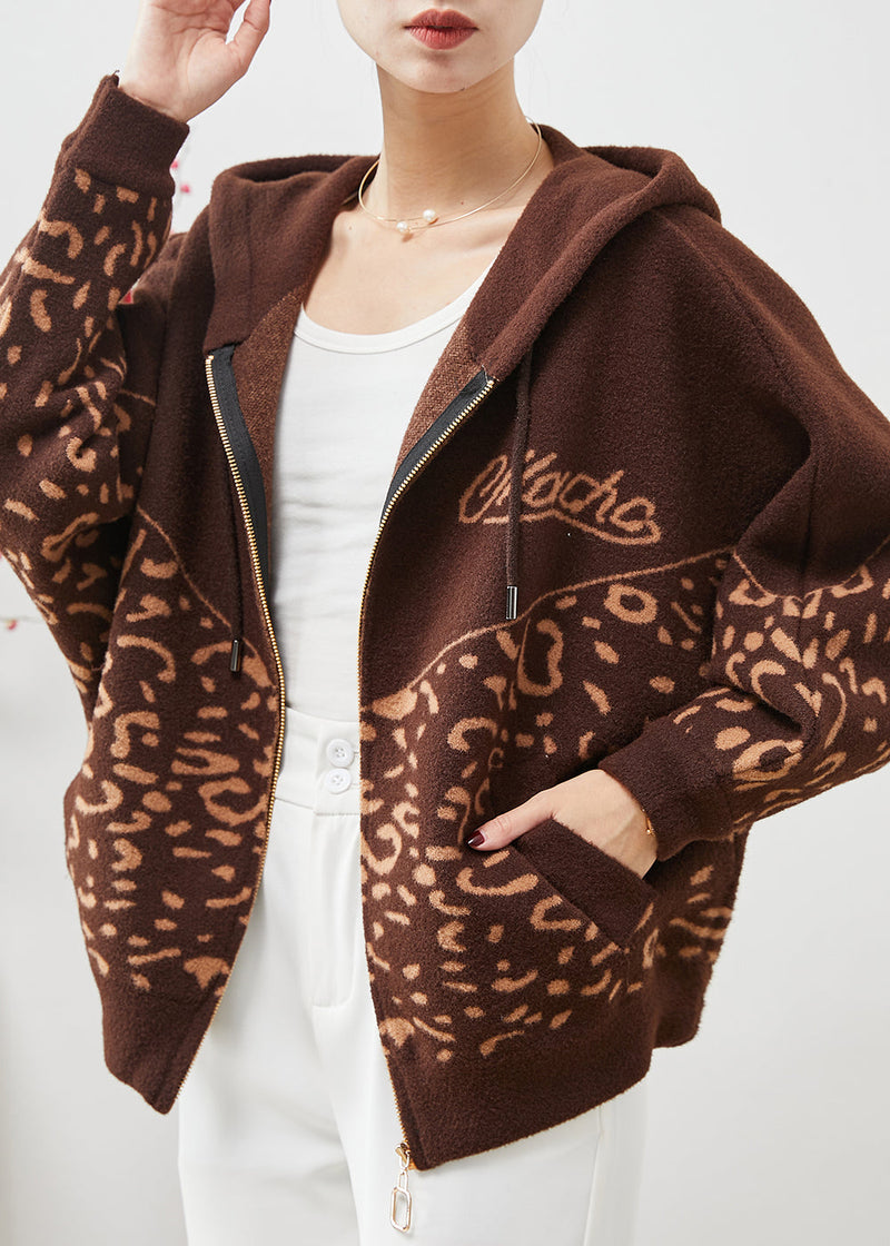 Brown Hooded Print Woolen Coat Spring