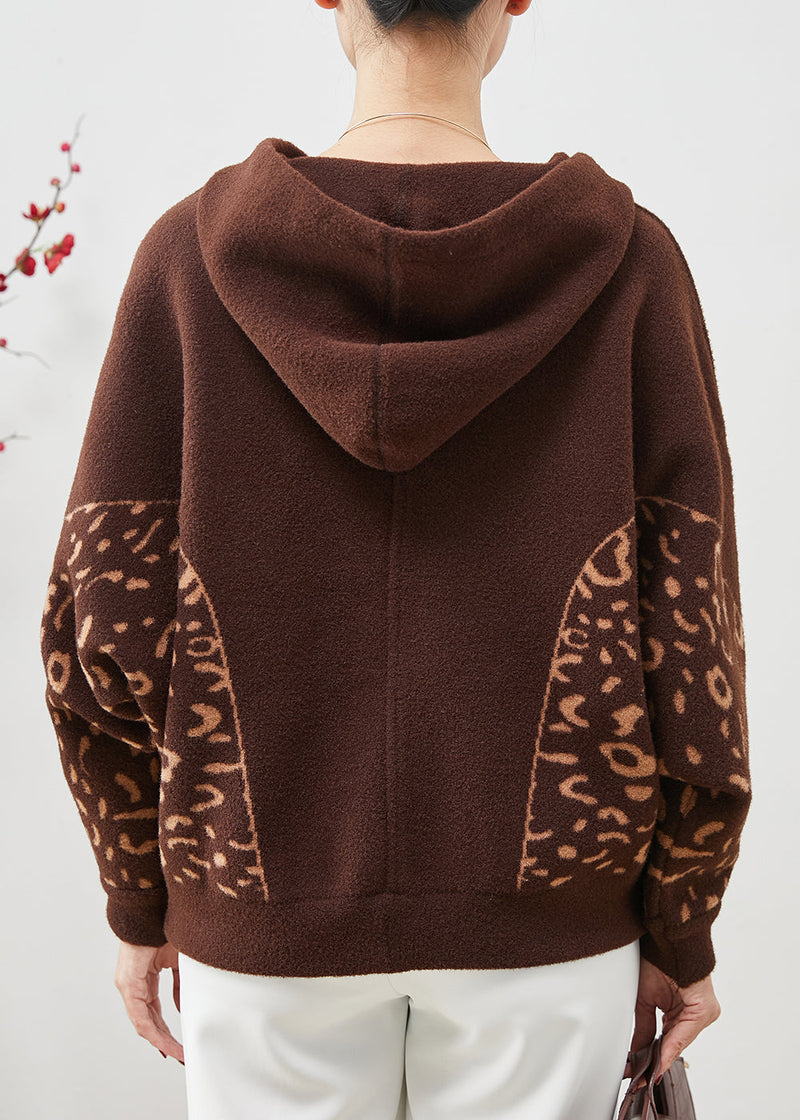 Brown Hooded Print Woolen Coat Spring
