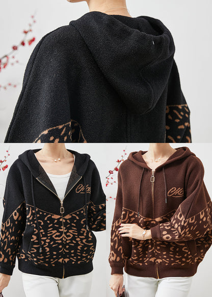 Brown Hooded Print Woolen Coat Spring