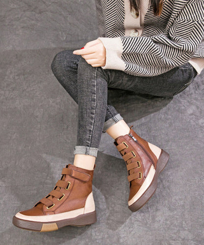 Brown Lace Up Platform Boots Splicing Cowhide Leather Ankle Boots
