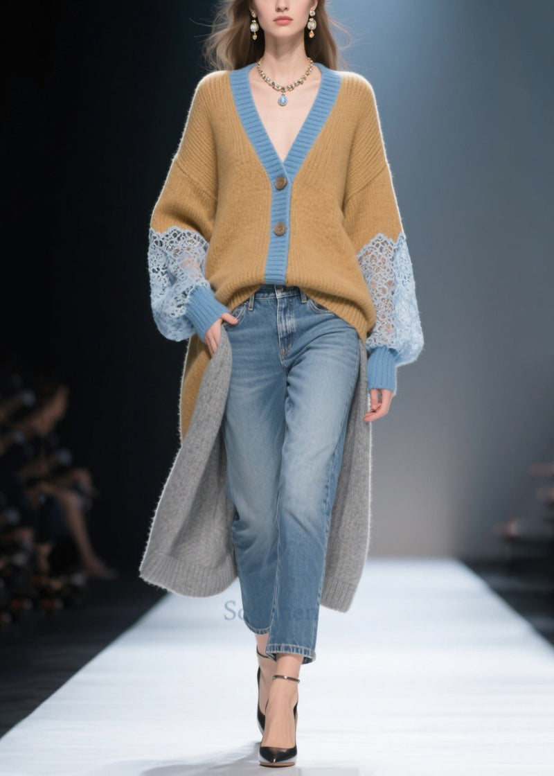 Brown Low High Design Patchwork Lace Knit Cardigans Winter