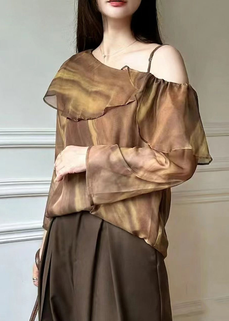 Beautiful Brown One Shoulder Tie Dye Chiffon Blouse Top Spring