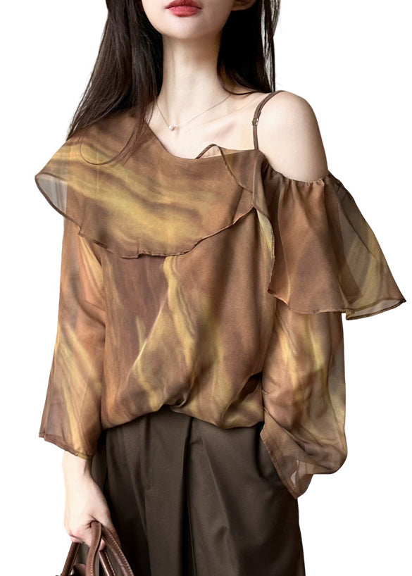 Brown One Shoulder Tie Dye Chiffon Blouse Top Spring