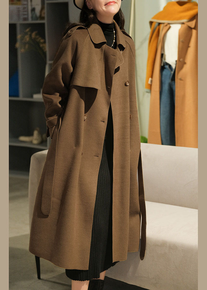 Brown Peter Pan Collar Button Woolen Cinch Coats Winter