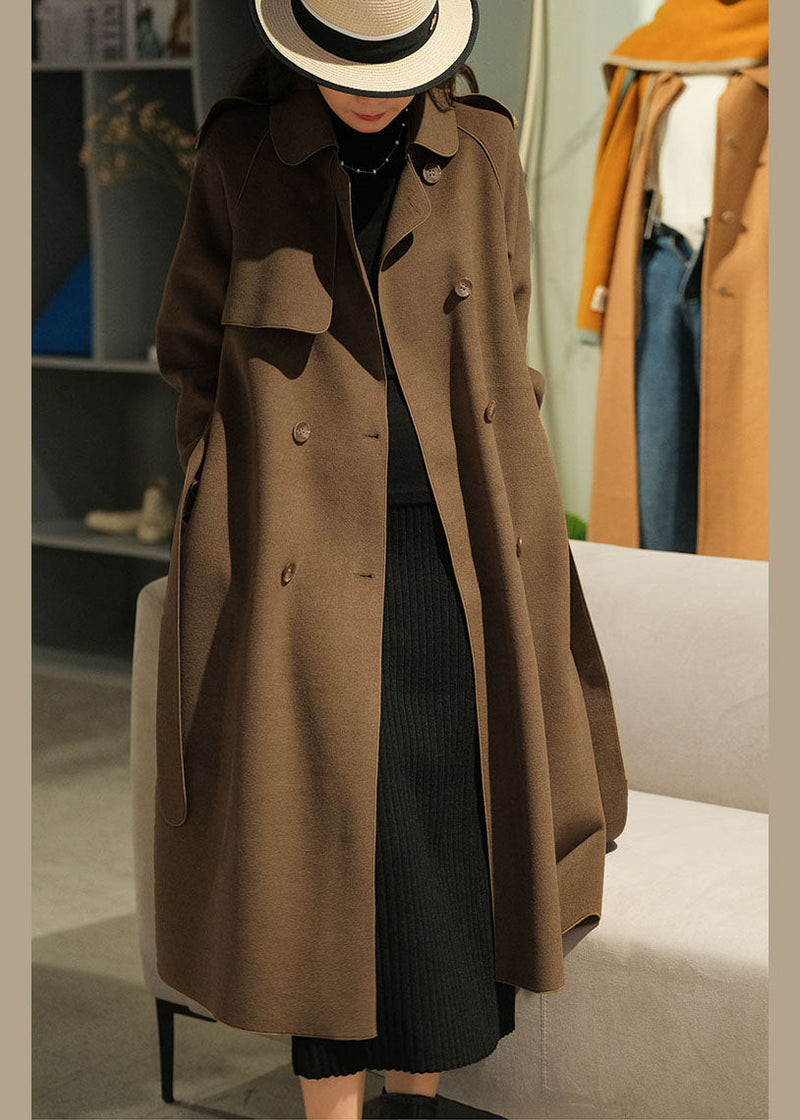 Brown Peter Pan Collar Button Woolen Cinch Coats Winter