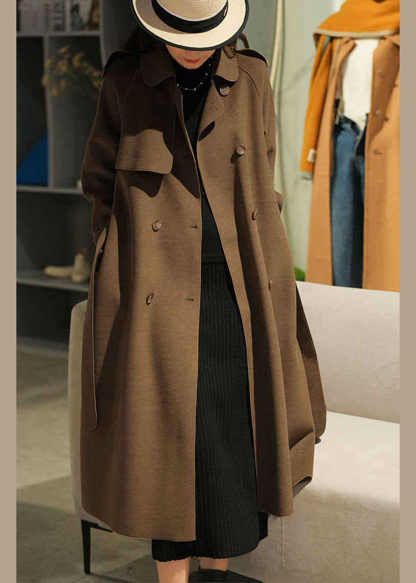 Brown Peter Pan Collar Button Woolen Cinch Coats Winter