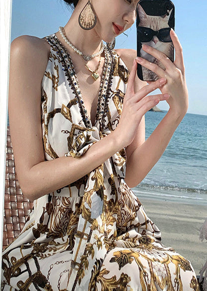 Brown Print Chiffon Beach Sundress Summer
