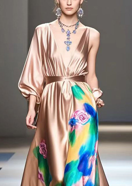 Brown Print Exra Large Hem Silk Long Dress Spring