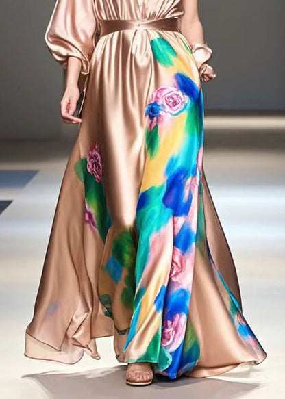 Brown Print Exra Large Hem Silk Long Dress Spring