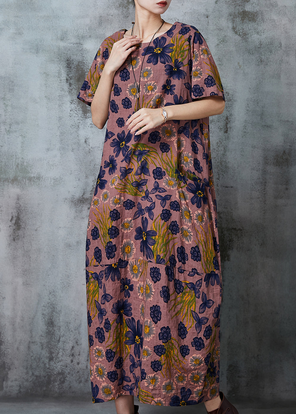 Brown Print Pockets Cotton Holiday Dress Summer