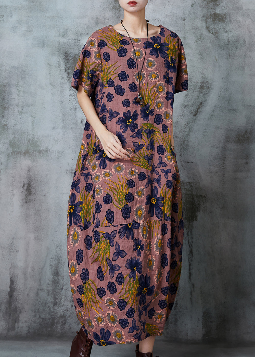 Brown Print Pockets Cotton Holiday Dress Summer