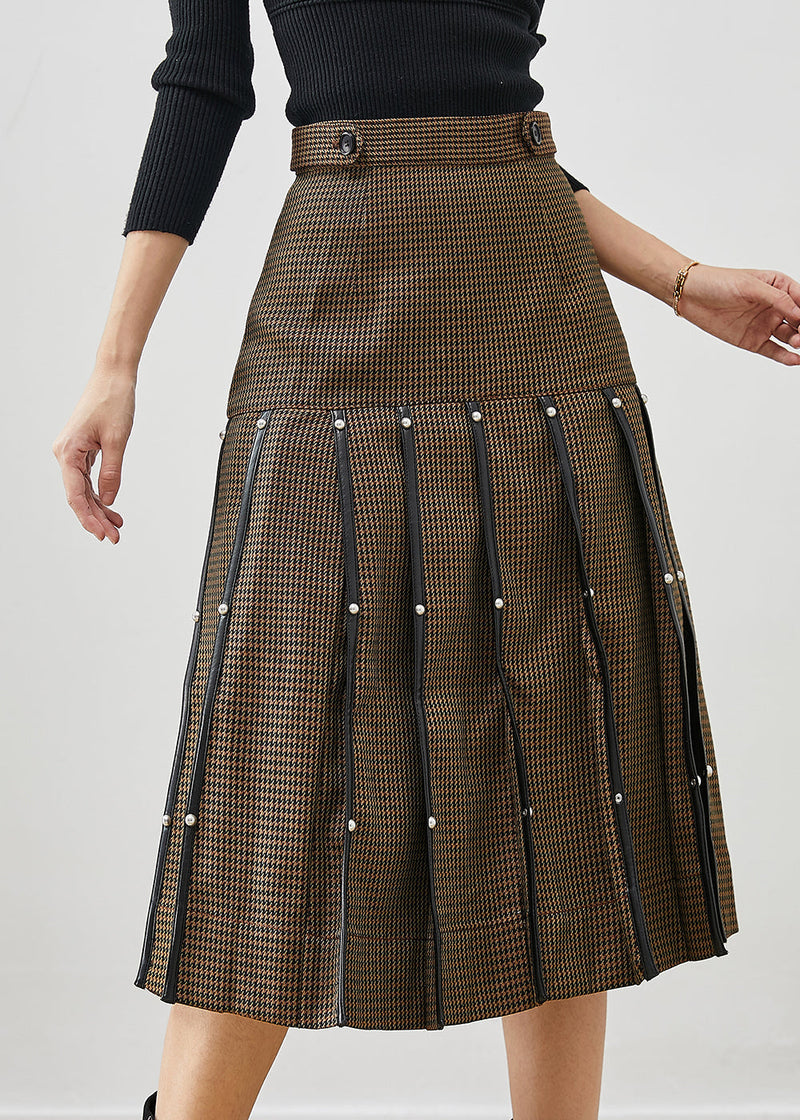 Brown Rivet Silm Cotton Pleated Skirts Spring