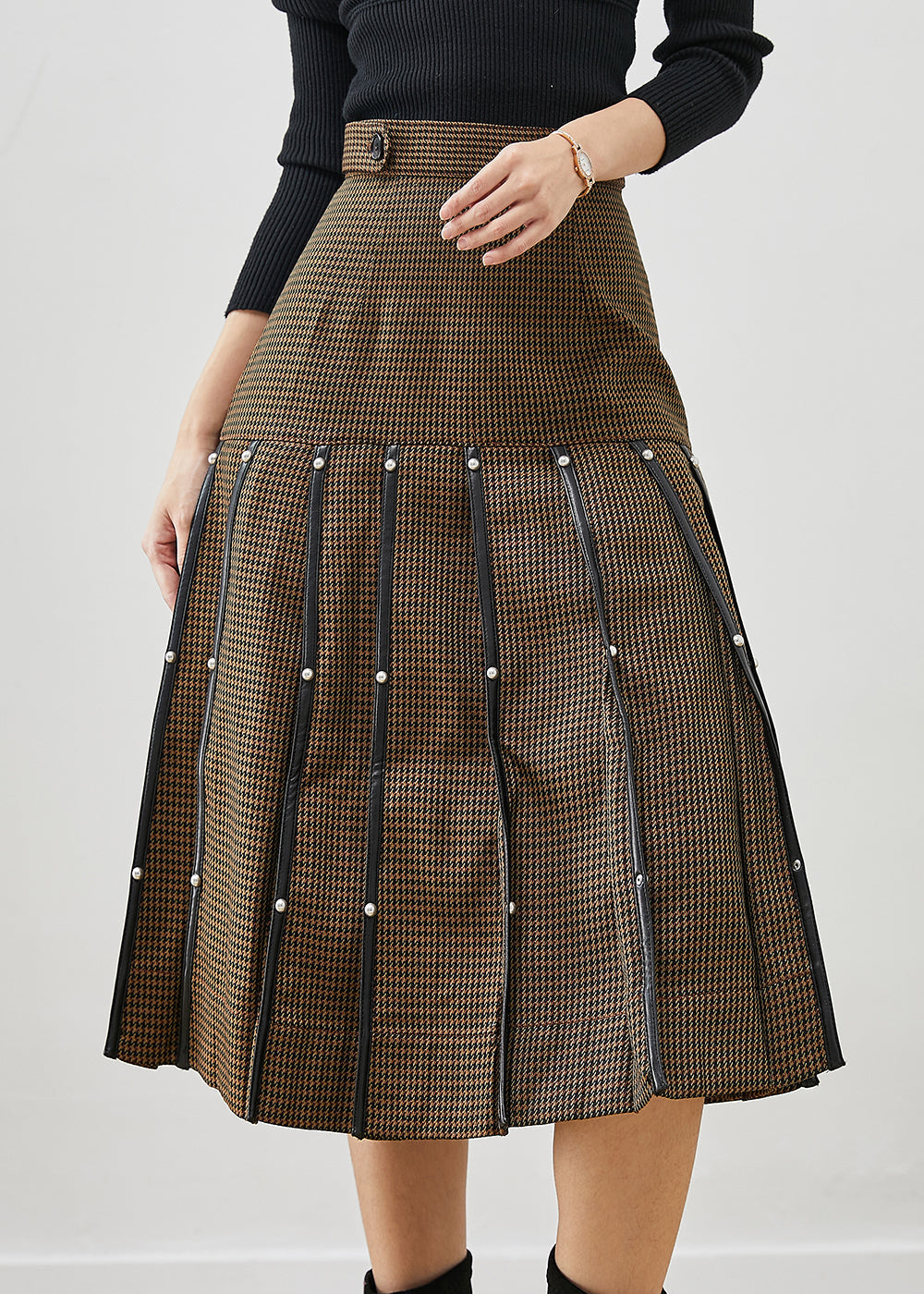 Brown Rivet Silm Cotton Pleated Skirts Spring
