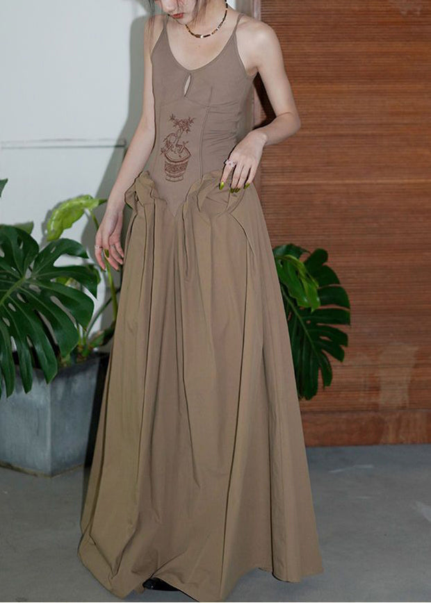 Brown Ruffled Patchwork Cotton Spaghetti Strap Dresses Summer