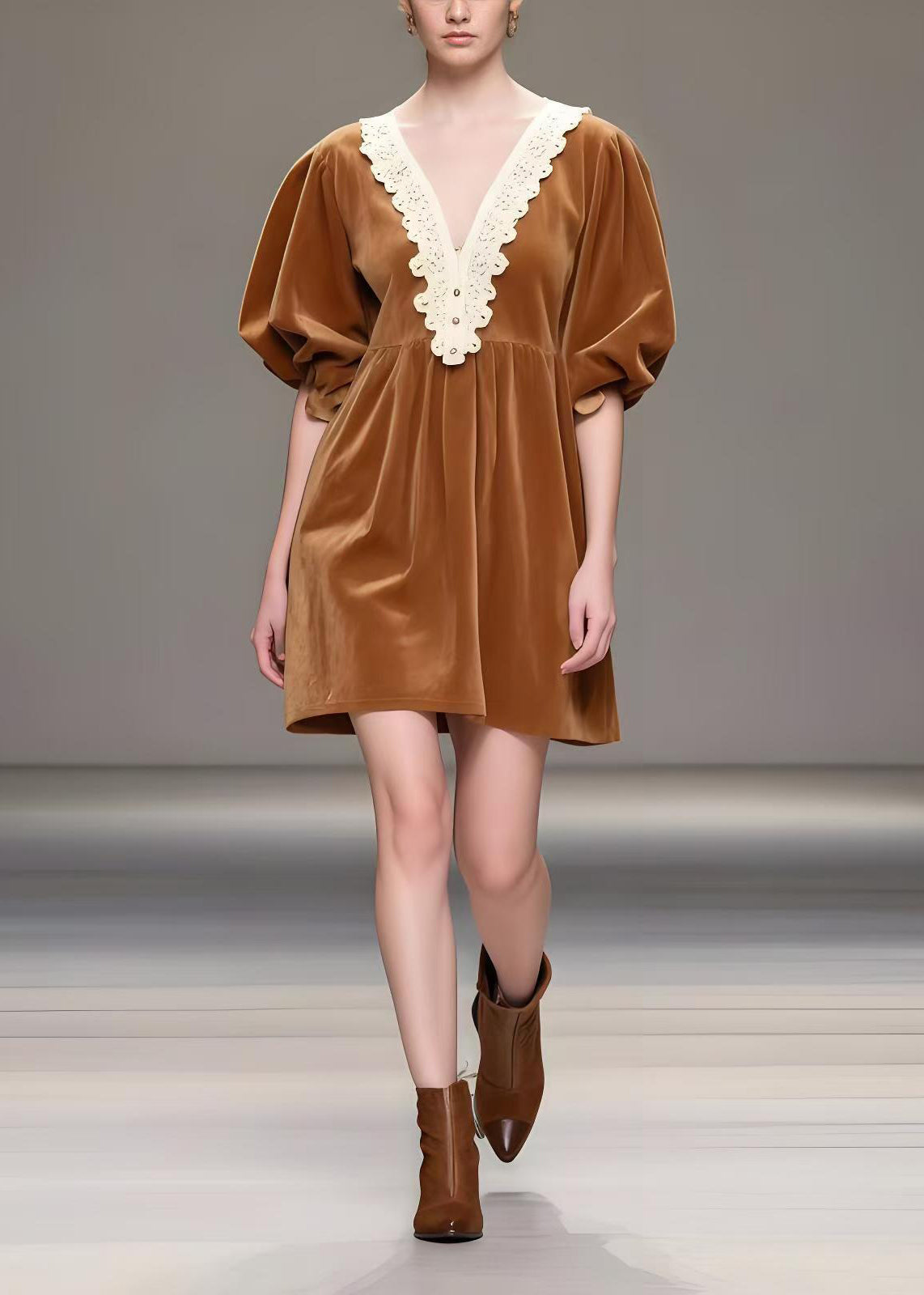 Brown V Neck Patchwork Silk Velvet Tea Dresses Spring