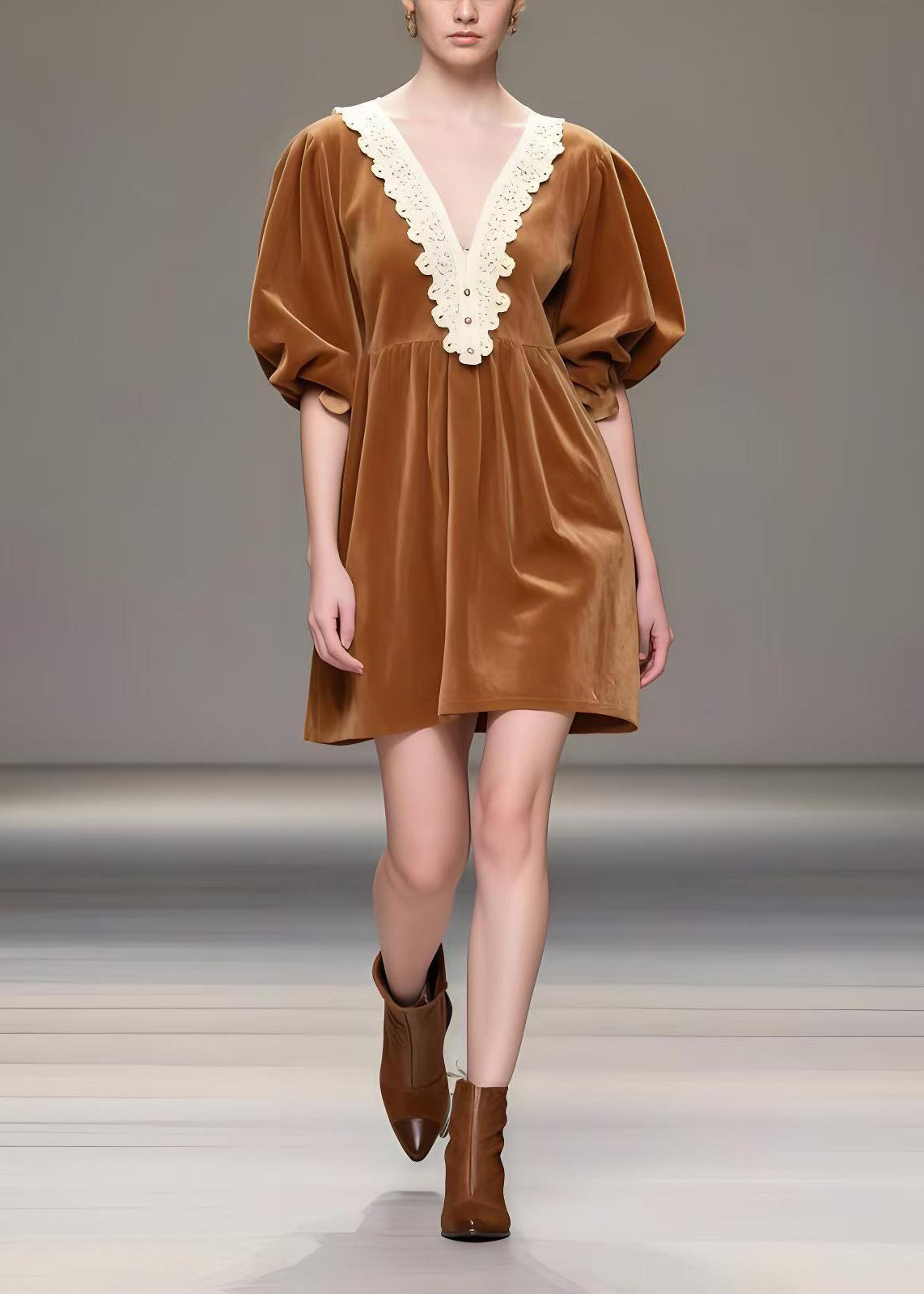 Brown V Neck Patchwork Silk Velvet Tea Dresses Spring
