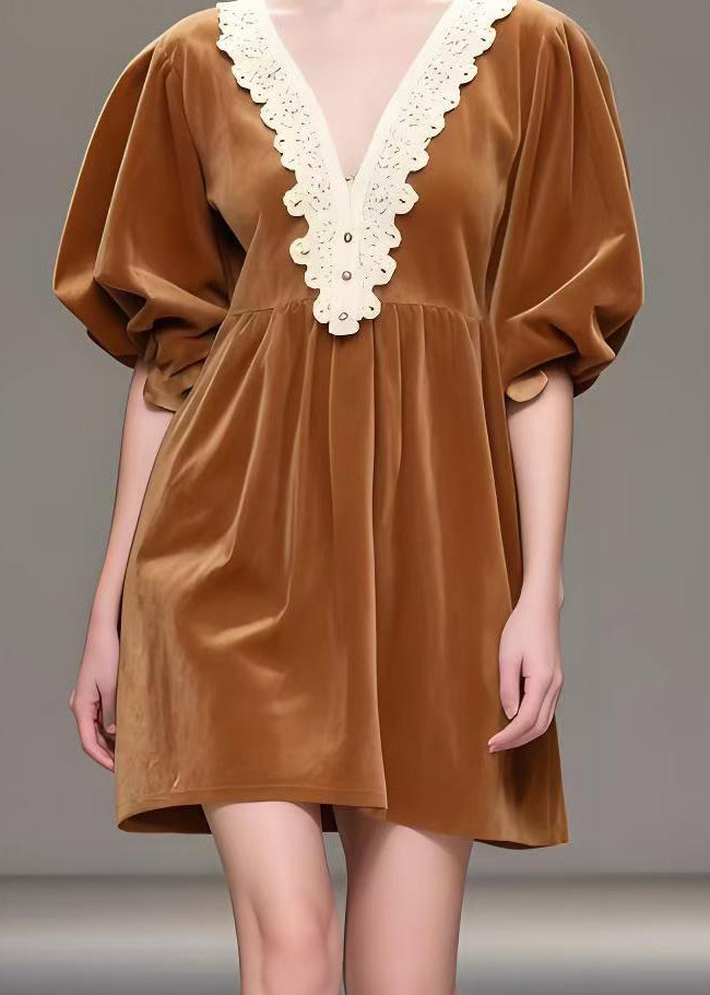 Brown V Neck Patchwork Silk Velvet Tea Dresses Spring