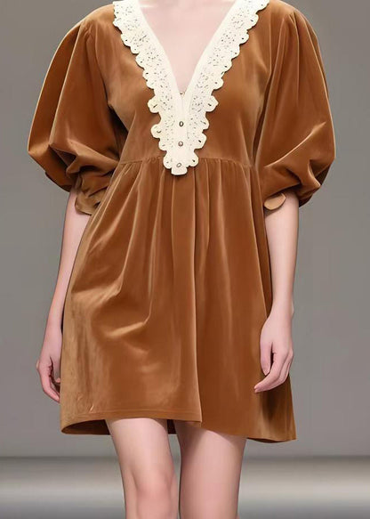 Brown V Neck Patchwork Silk Velvet Tea Dresses Spring