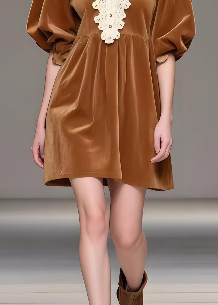 Brown V Neck Patchwork Silk Velvet Tea Dresses Spring