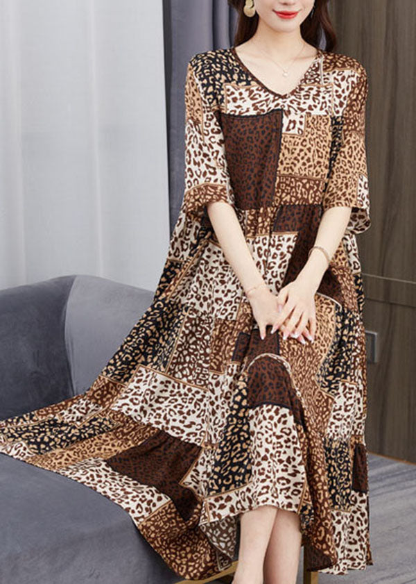 Brown V Neck Print Patchwork Chiffon Dresses Summer